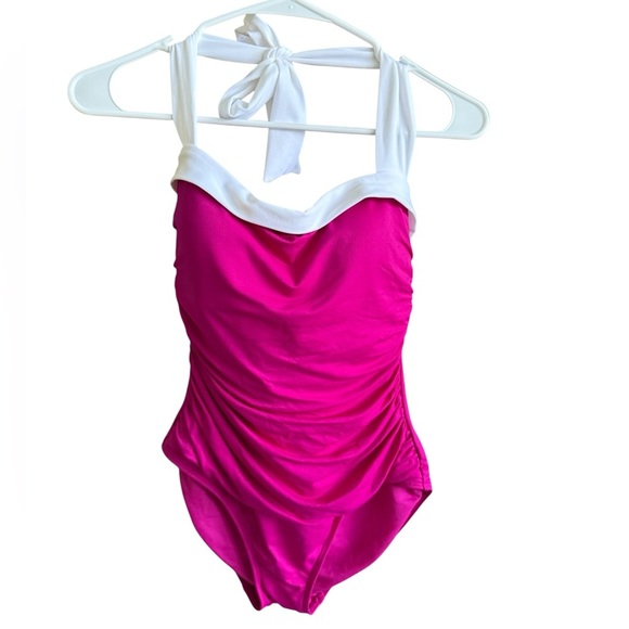 Lauren Ralph Lauren Pink and White One Piece Swimsuit with Ruched Detail - Picture 6 of 11